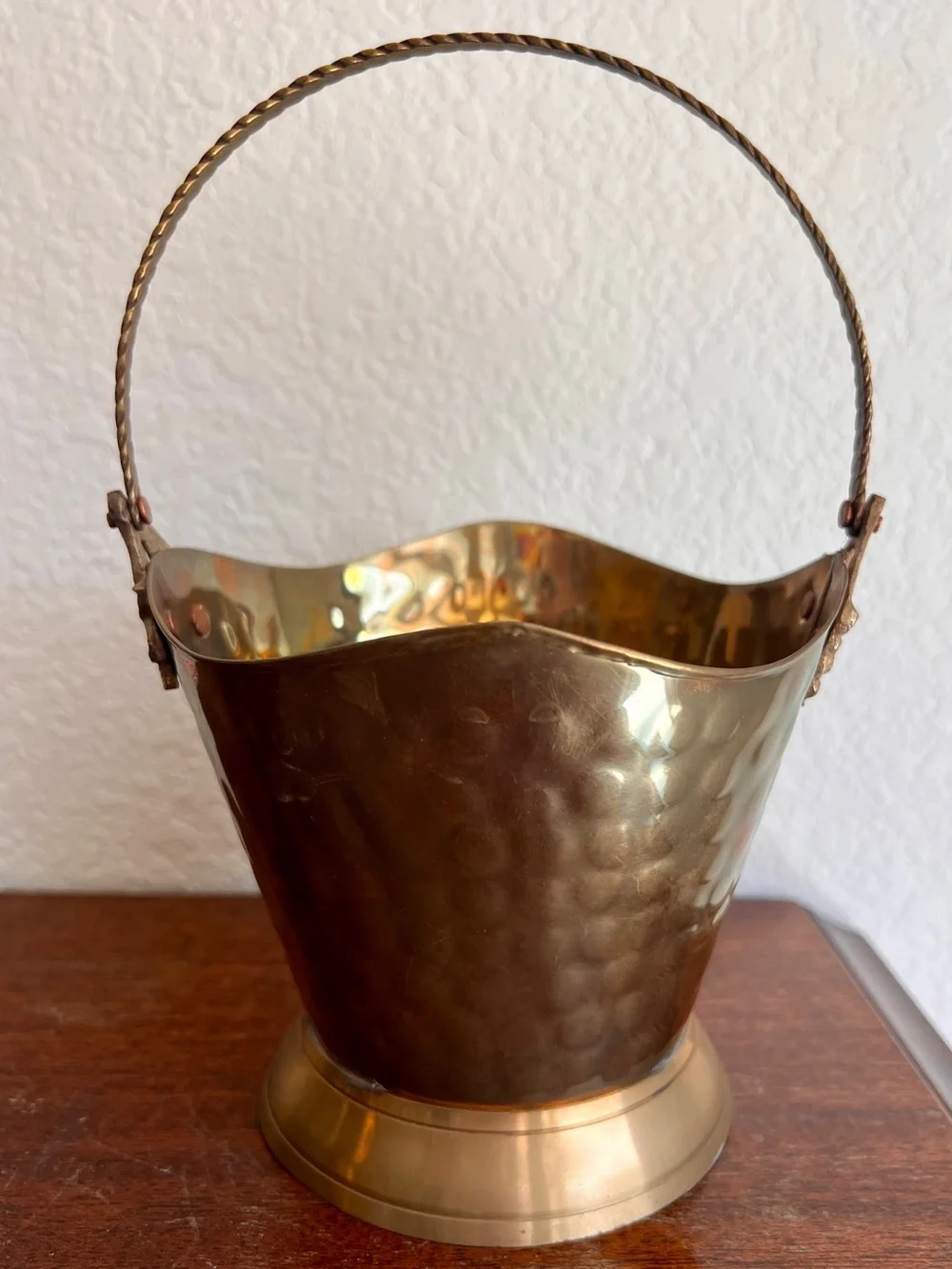 Pair of Solid Brass India Hammered Decorative Bucket Planter Basket Vintage